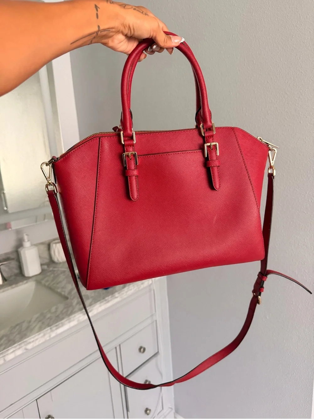 Michael Kors Red Saffiano Satchel with Crossbody Strap